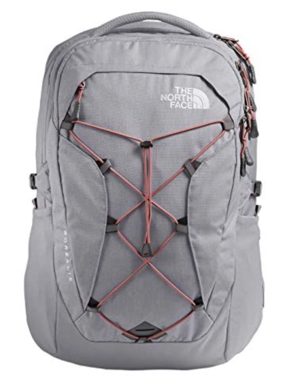 The North Face Light Gray Backpack with Pink Accent,
Borealis